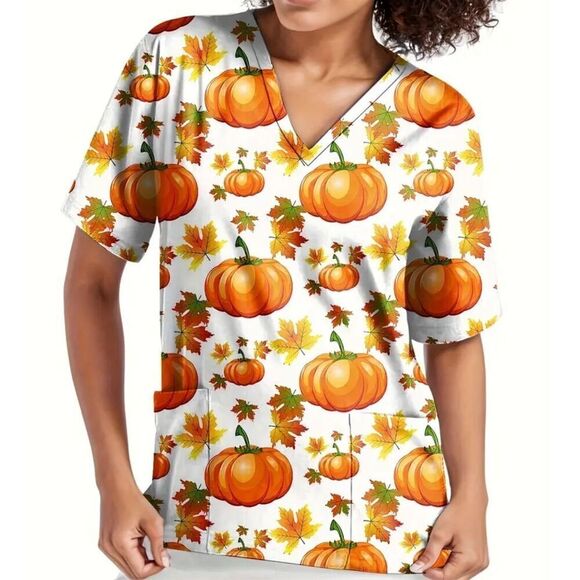 Thanksgiving Scrub top Women’s size Small Medium 6 pumpkin Nurse healthcare - Picture 1 of 4